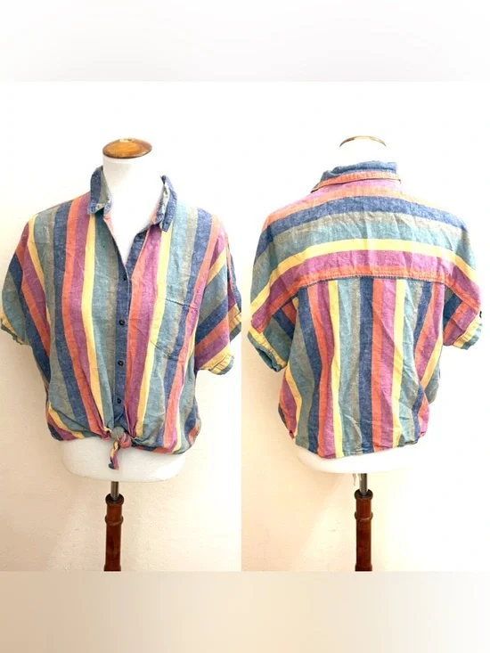 Madewell Pastel Multistripe Button-Front Tie-Hem Shirt - Picture 2 of 3